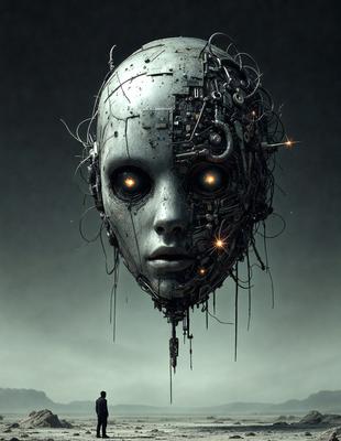 The primary subject of the image is a close-up of a robotic face with a mix of mechanical and human-like features. The robot face is surrounded by a dark, moody setting, which adds to the overall atmosphere of the image. The visual style of the image is a combination of digital art and illustration, creating a unique and intriguing representation of the robotic face.